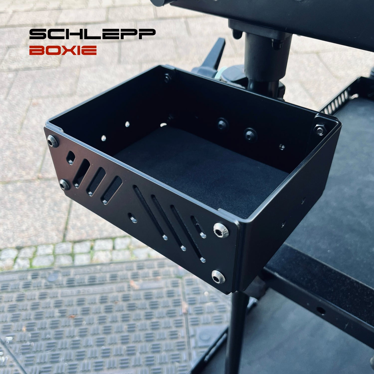 Small Utility Box for Gear and Accessories. Can be mounted to SCHLEPP Camera Carts or any Light stand with optional super clamp