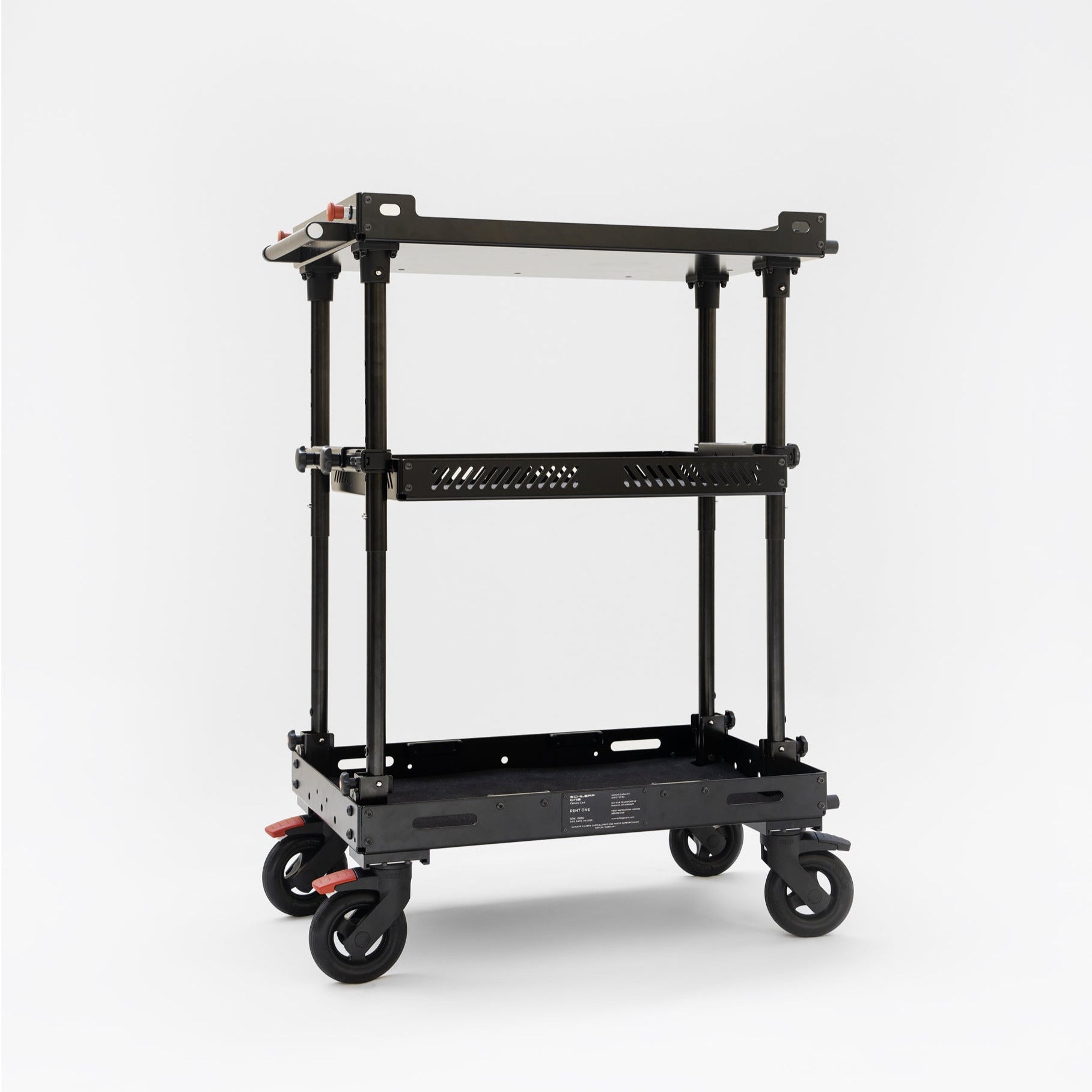 SCHLEPP ONE Camera Cart - made from robust aluminium, stainless steel, reinforced nylon. Optional Middle Shelf fits into cart, when collapsed. 
Lightest camera and production carts in the world - designed for one-person use. Lighter than any magliner or other production carts. Made in Germany. 