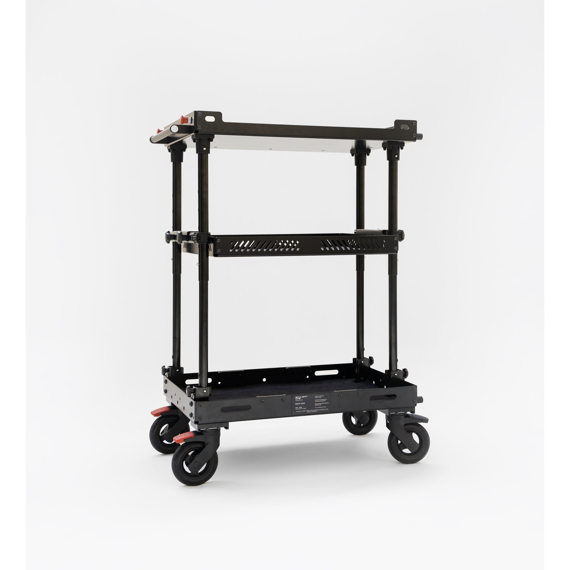 SCHLEPP ONE Camera Cart - made from robust aluminium, stainless steel, reinforced nylon. Optional Middle Shelf fits into cart, when collapsed. 
Lightest camera and production carts in the world - designed for one-person use. Lighter than any magliner or other production carts. Made in Germany. 