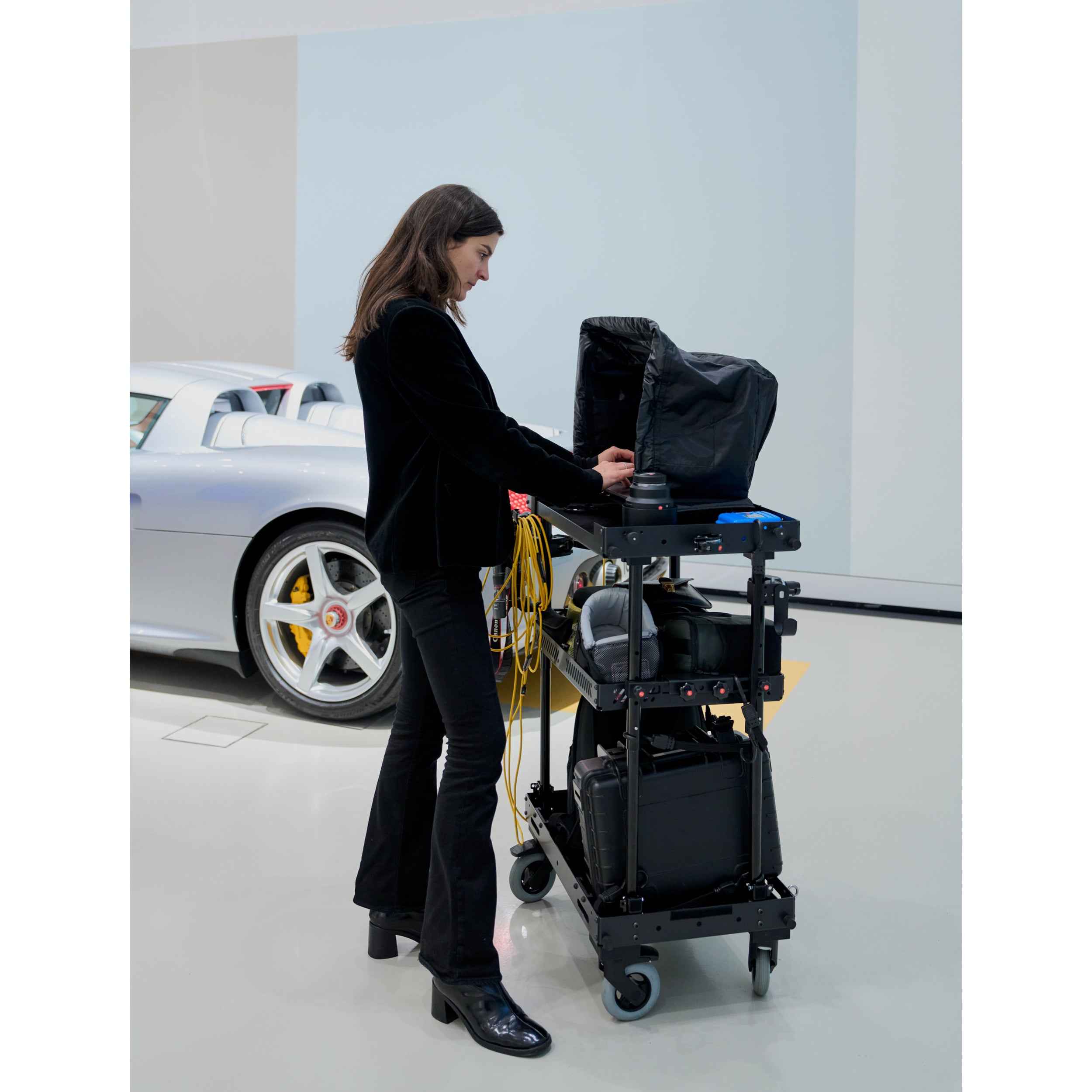 SCHLEPP ONE Camera Cart - Porsche Carrera GT Shoot. 
Lightest Camera and Production Carts in the world - designed for solo users, fully collapsible and truly portable. Trusted by photographers, video producers, digi techs, drone pilots, and sound recordist in more than 20 countries. 